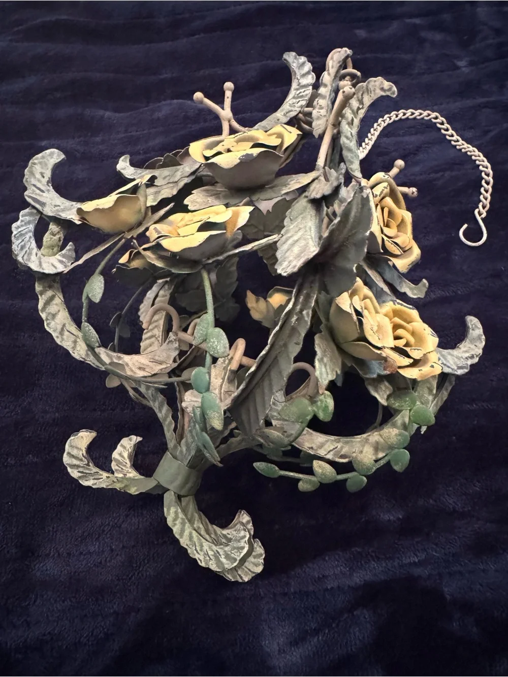 Vintage Hanging Toleware Yellow Roses Floral Birdcage Hollywood Regency Ball